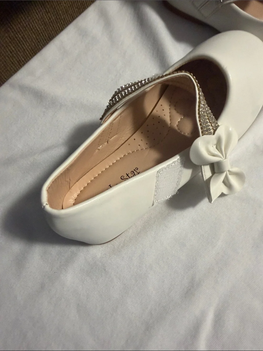 White Girls' Dress Mary Janes with Rhinestone Strap